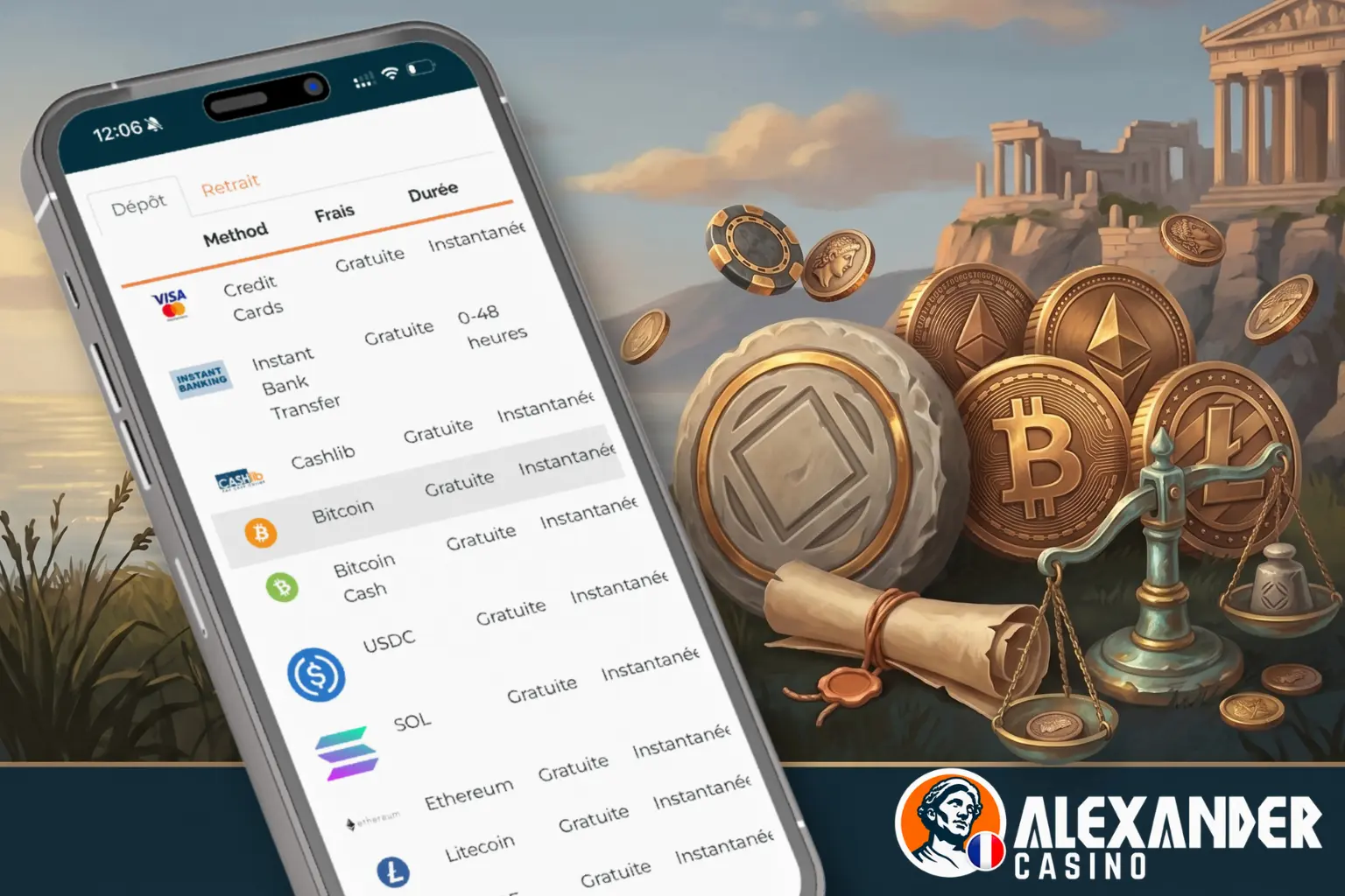 Dépôts et retraits Alexander Casino par cartes et cryptomonnaies.