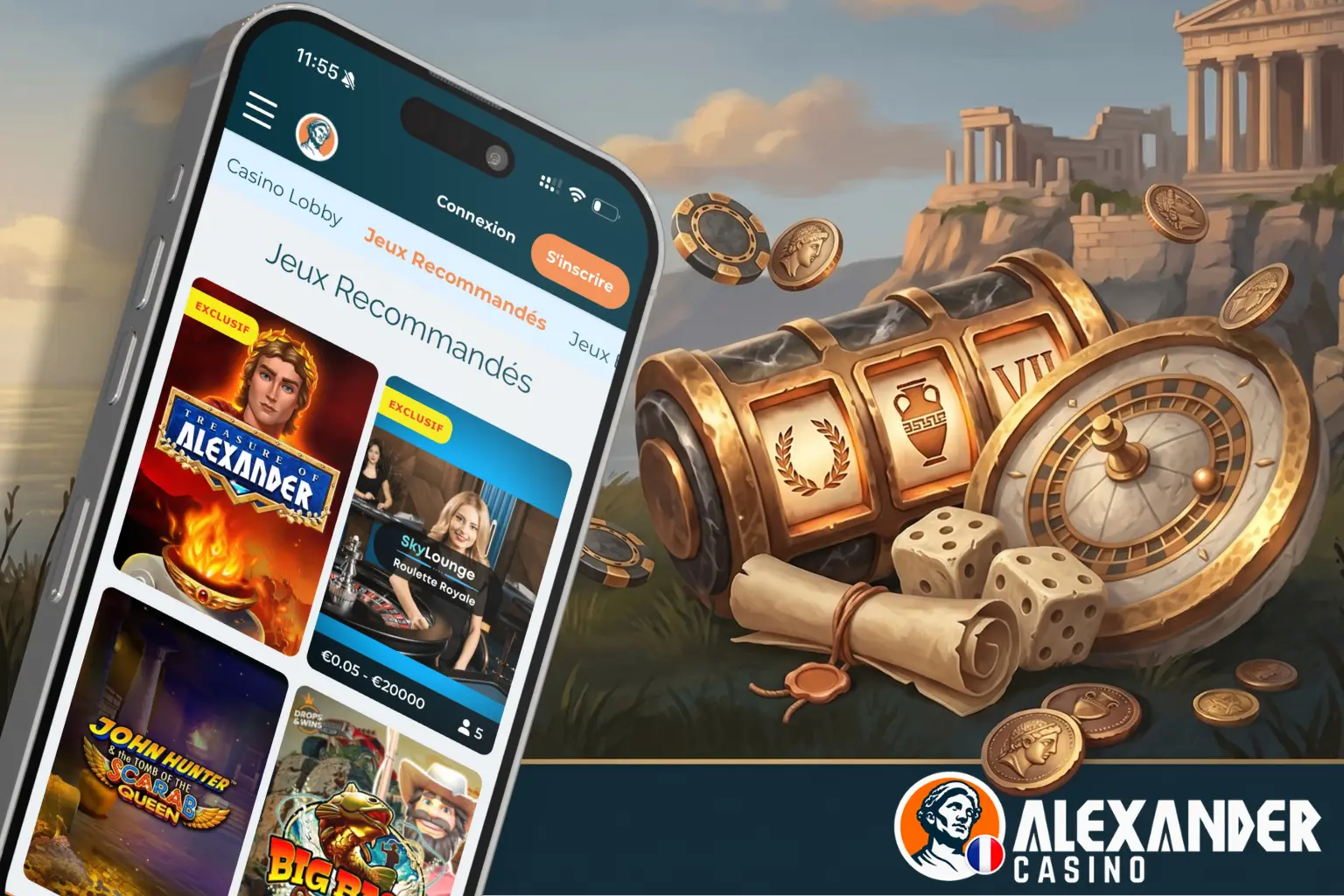 Machines à sous, casino en direct et mini-jeux Alexander.